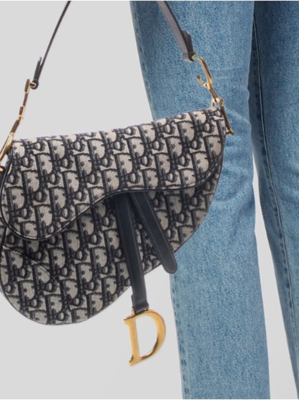Dior Monogram Saddle Shoulder Bag in Gray and Black with Gold 'D' Charm